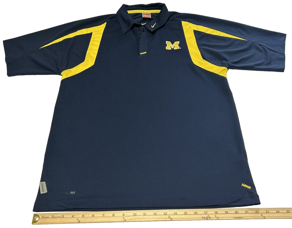 Nike Team Michigan Wolverines Polo Shirt Men L Vintage Y2K NikeFIT Dry Navy Blue
